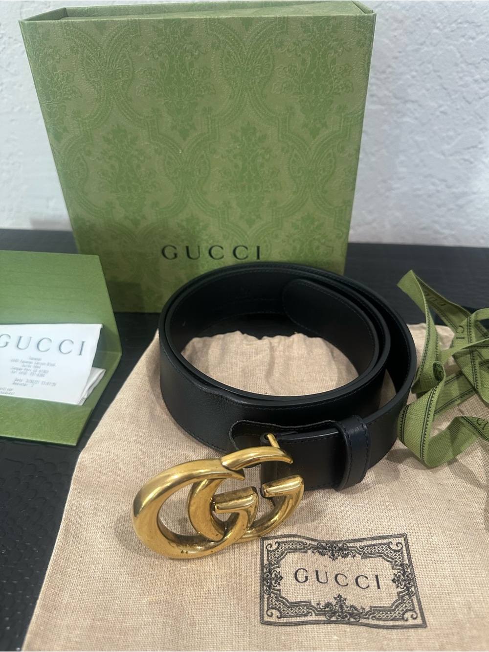 Gucci Black Leather Belt with Gold Interlocking Buckle